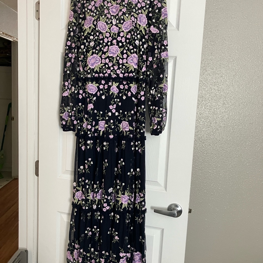 Black Maxi Dress with Lavender Floral Embroidery